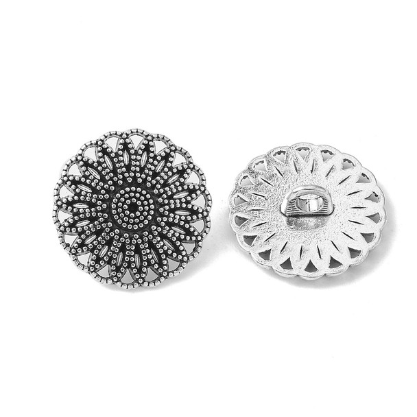 Shank Button, Mandala Flower, 17x6mm, Antique Silver Plated Metal Alloy, 10 PCS
