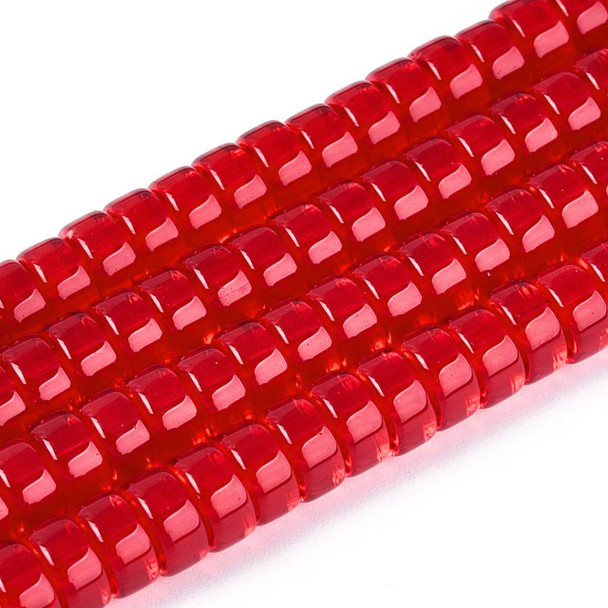 Glass Rondelle, Transparent Red, One 4x8mm Strand, 14-15 inches