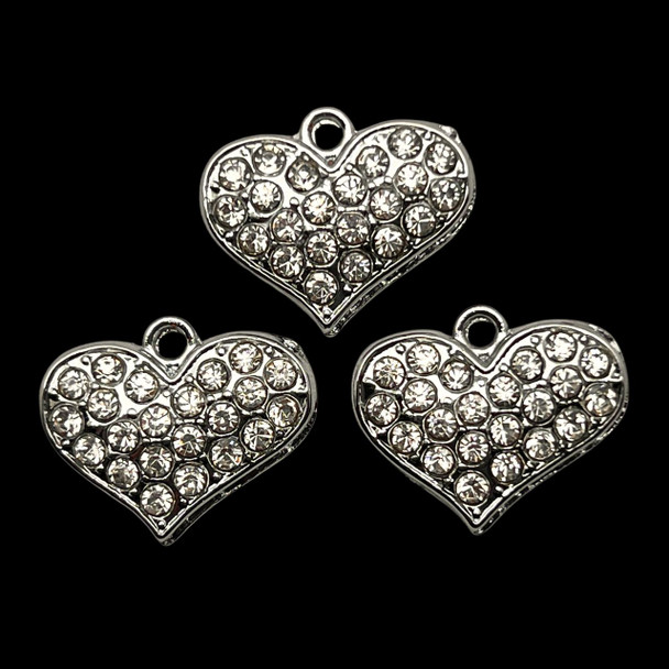 Bling Charm, Rhinestone, Heart, 19x15mm, Metal Alloy, 3 PCS