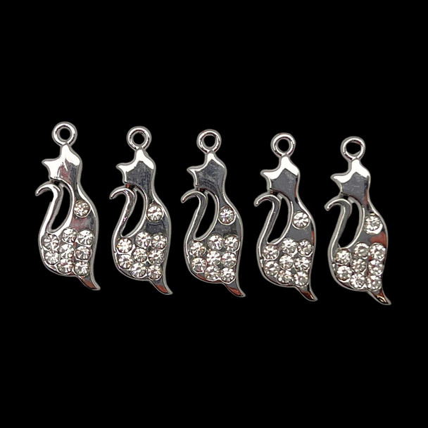 Bling Charm, Rhinestone, Cat, 9x25mm, Metal Alloy, 5 PCS