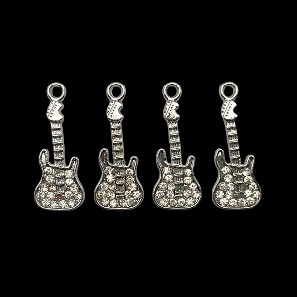 Bling Charm, Rhinestone, Guitar, 12x30mm, Metal Alloy, 4 PCS