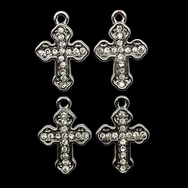 Bling Charm, Rhinestone, Cross, 16x23mm, Metal Alloy, 4 PCS