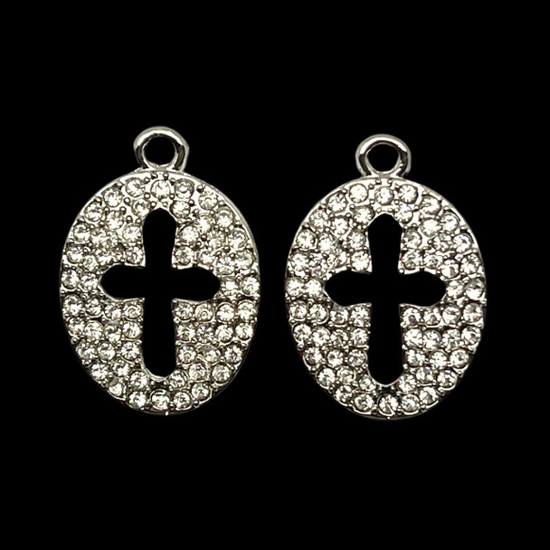 Bling Charm, Rhinestone, Cross, 17x24mm, Metal Alloy, 2 PCS
