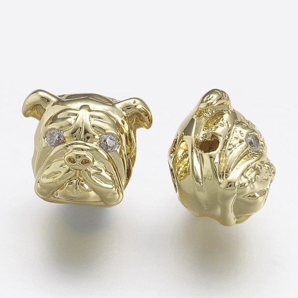 Bead, Cubic Zirconia, Bulldog, 11.5x13x11mm, Gold Plated Brass, 1 piece