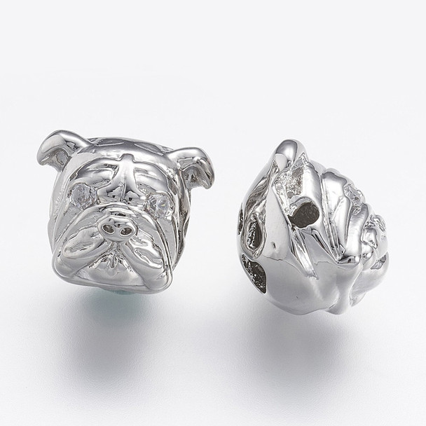 Bead, Cubic Zirconia, Bulldog, 11.5x13x11mm, Silver Plated Brass, 1 piece