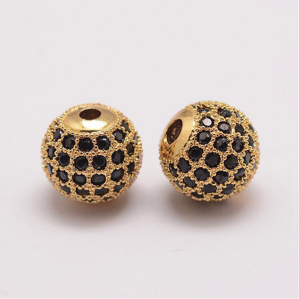 Bead, Cubic Zirconia, Round, 10mm, Gold Plated Brass, 1 piece