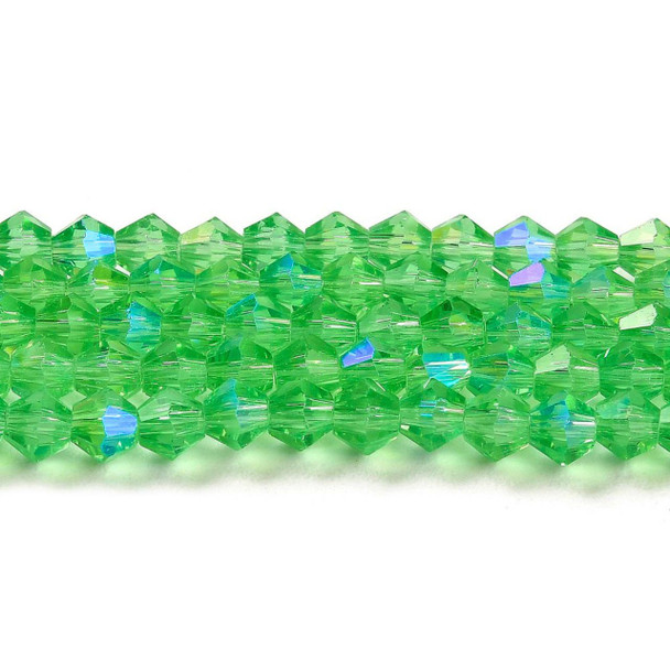 Faceted Bicone, Glass, Green AB, 6mm, One 10in Strand