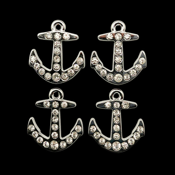 Bling Charm, Rhinestone, Anchor, 20x23mm, Metal Alloy, 4 PCS
