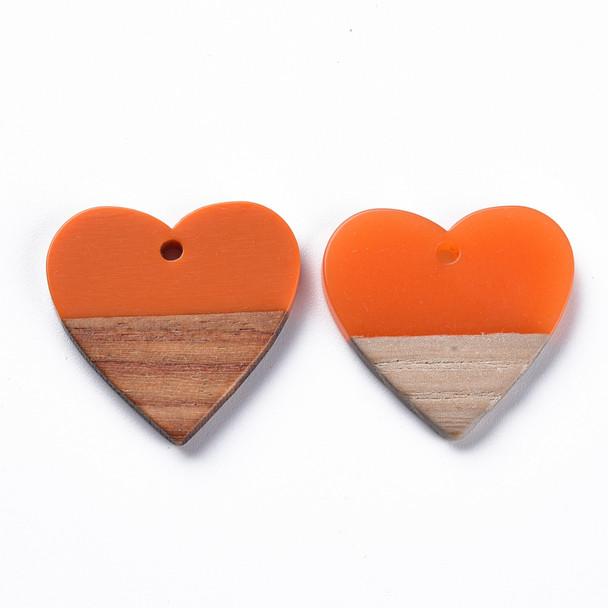 Wood & Resin, Pendant, Heart, Orange, 24x25mm, 2 PCS