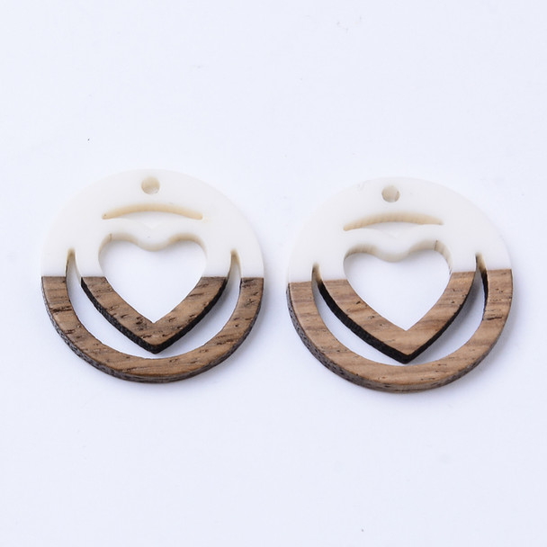 Wood & Resin, Pendant, Heart, White, 25mm, 2 PCS