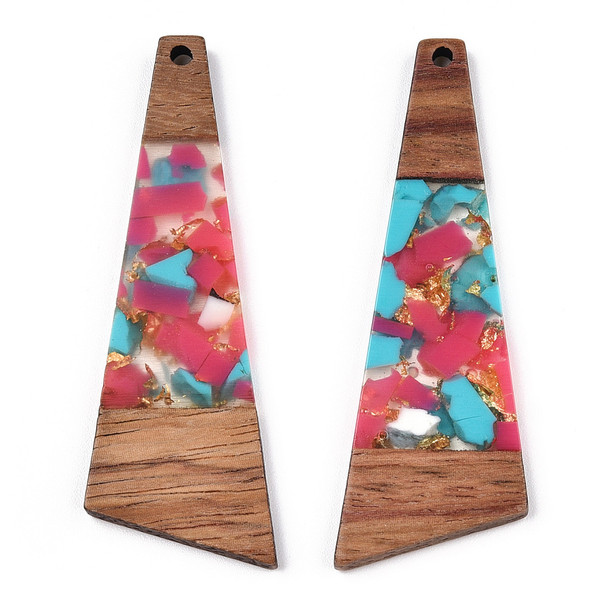 Wood & Resin, Pendant, Trapezoid, Turquoise & Pink, Gold Foil, 58x20mm, 2 PCS