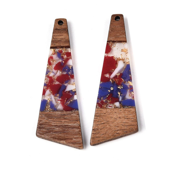 Wood & Resin, Pendant, Trapezoid, Red & Purple, Gold Foil, 58x20mm, 2 PCS