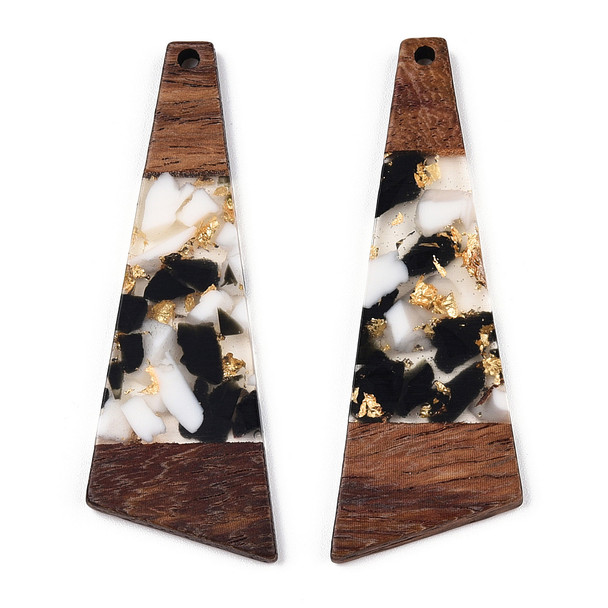 Wood & Resin, Pendant, Trapezoid, Black & White, Gold Foil, 58x20mm, 2 PCS