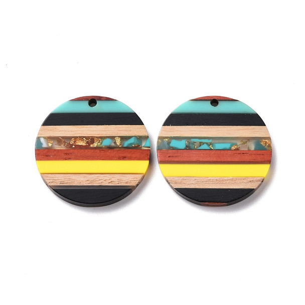 Wood & Resin, Pendant, Round, Turquoise & Yellow, 30mm, 2 PCS