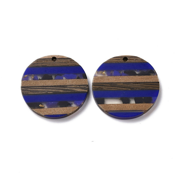Wood & Resin, Pendant, Round, Blue & Black, 30mm, 2 PCS