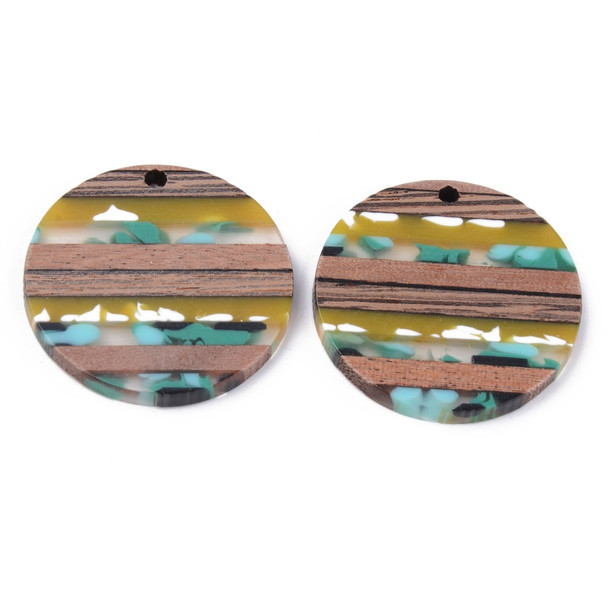 Wood & Resin, Pendant, Round, Turquoise & Green, 30mm, 2 PCS