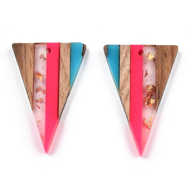 Wood & Resin, Pendant, Triangle, Turquoise & Pink, Gold Foil, 33x22mm, 2 PCS