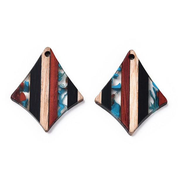 Wood & Resin, Pendant, Quadrilateral, Turquoise & Black, 33x27mm, 2 PCS