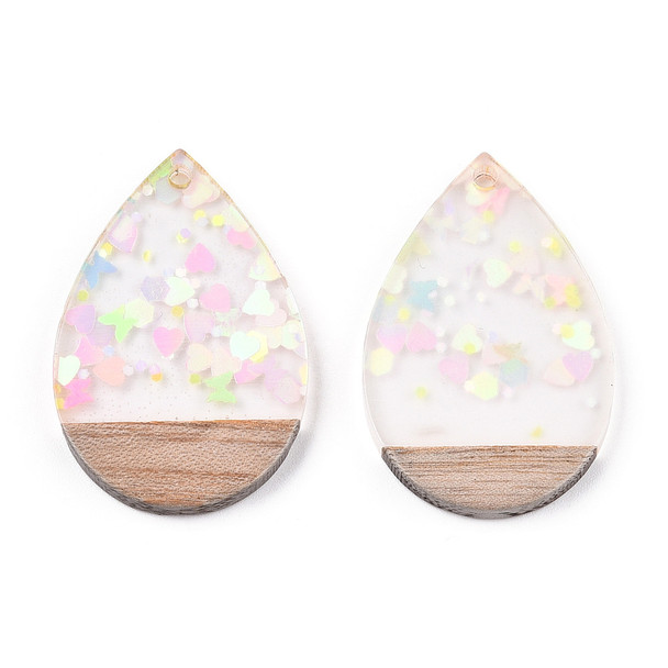 Wood & Resin, Pendant, Teardrop, Pink Confetti, 36x24mm, 2 PCS