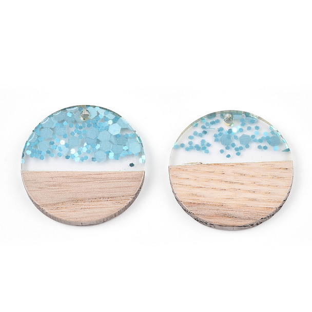 Wood & Resin, Pendant, Round, Blue Confetti, 28mm, 2 PCS