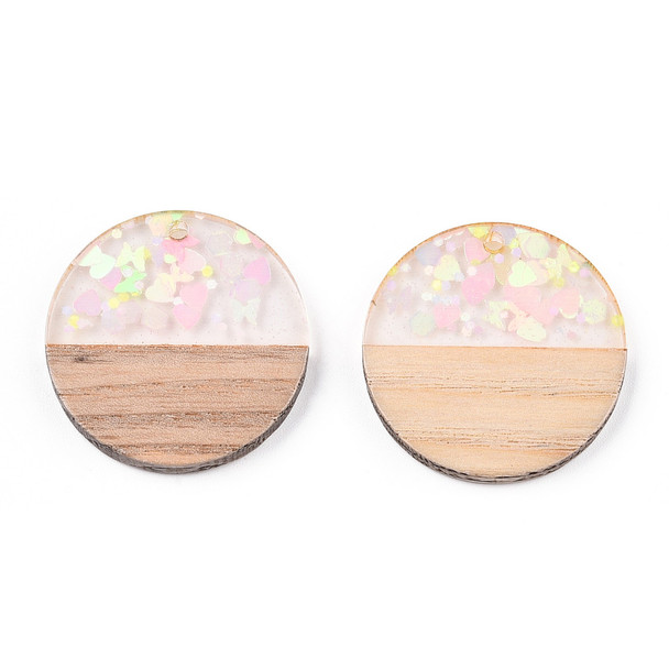 Wood & Resin, Pendant, Round, Pink Confetti, 28mm, 2 PCS