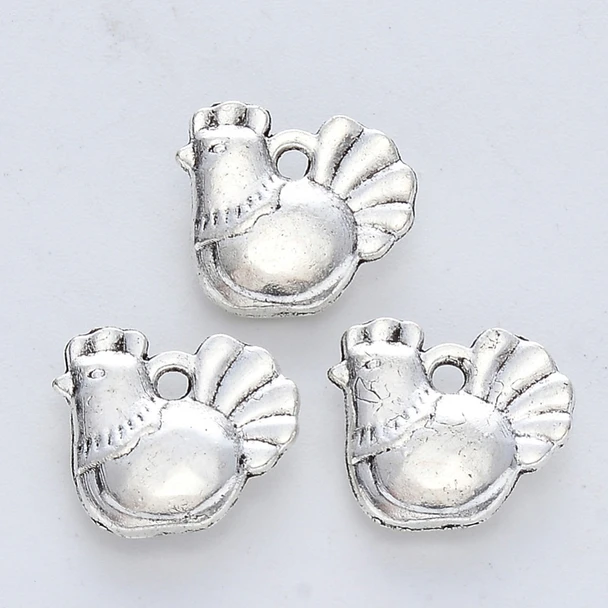 Chicken Charm, 12x13x3mm, Antique Silver Plated Metal Alloy, 20 PCS