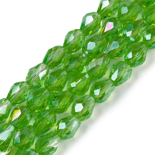 Faceted Drop, Glass, Green AB, 8x6mm, One 20in Strand