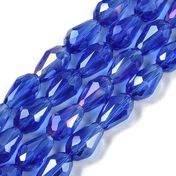 Faceted Drop, Glass, Dark Blue AB, 8x6mm, One 20in Strand