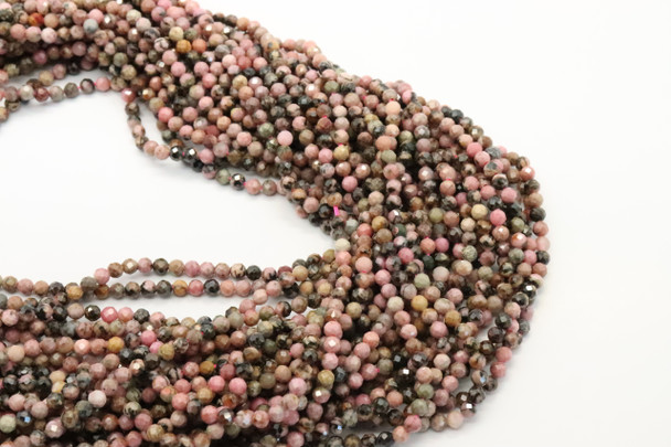 Rhodonite, Black Stripe, Natural, Faceted Round, 3mm, One Strand