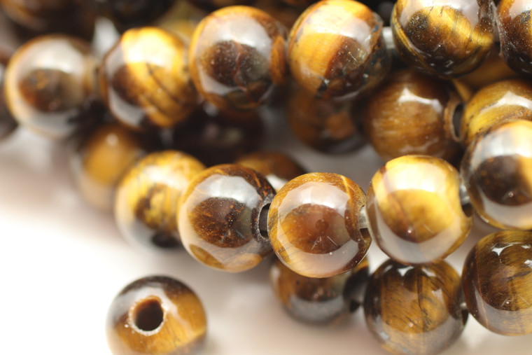 8mm Tiger's Eye, Brown, Natural, Smooth Round with Large Hole