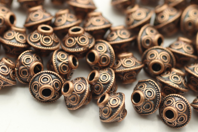 BEAD, Bicone Circle Design, 6x7mm, Antique Copper Plated (metal alloy), approx 32 per bag