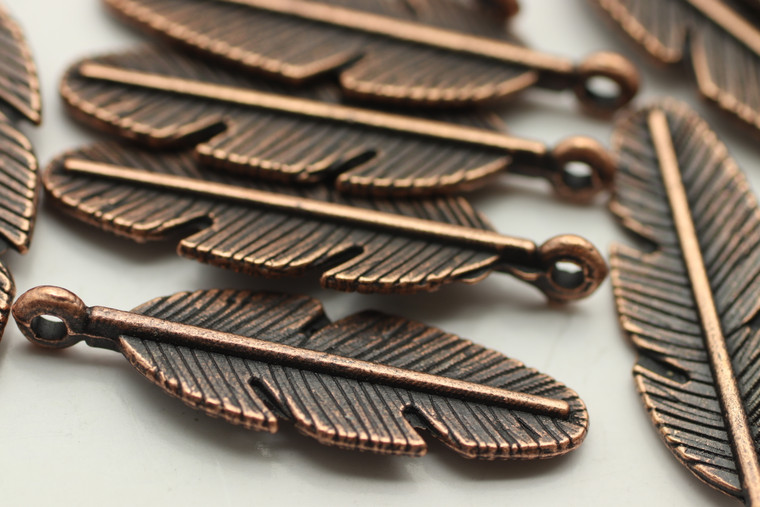 Feather, Drop, 30x9x4mm, Antique Copper Plated Metal Alloy, Approximately 18 per bag