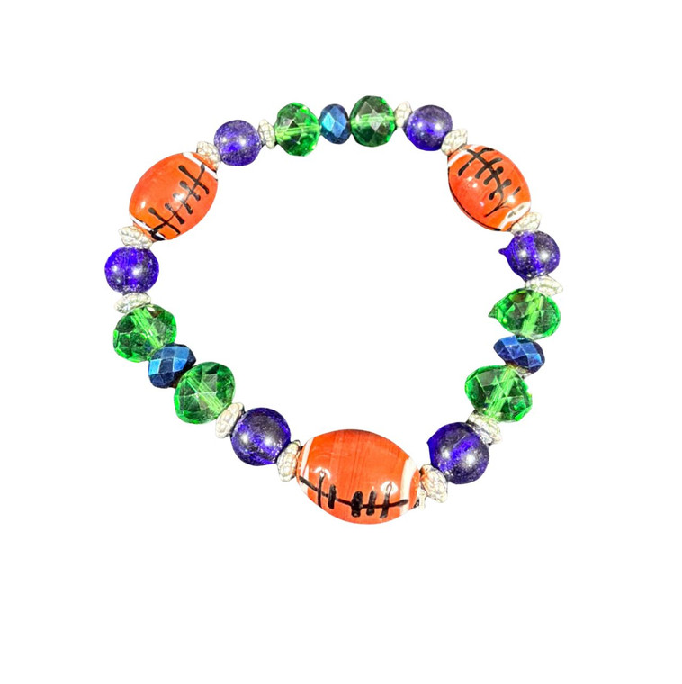 Bracelet, Stretchy, Seahawks Colored Blue & Green Crystals, Hand Painted Porcelain Footballs
