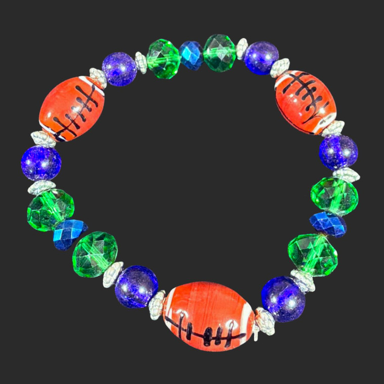 Bracelet, Stretchy, Seahawks Colored Blue & Green Crystals, Hand Painted Porcelain Footballs