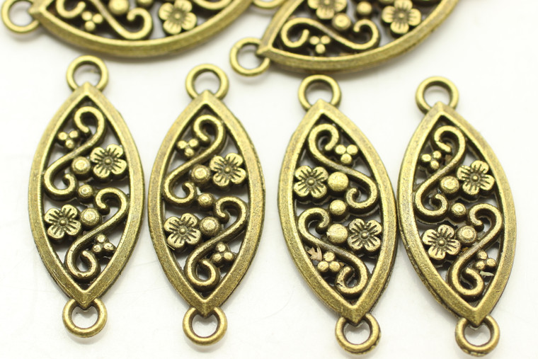 CONNECTOR, Ornate Oval, Double Sided, 27x10x2.5mm, Antique Bronze Plated (metal alloy), approx 18 per bag