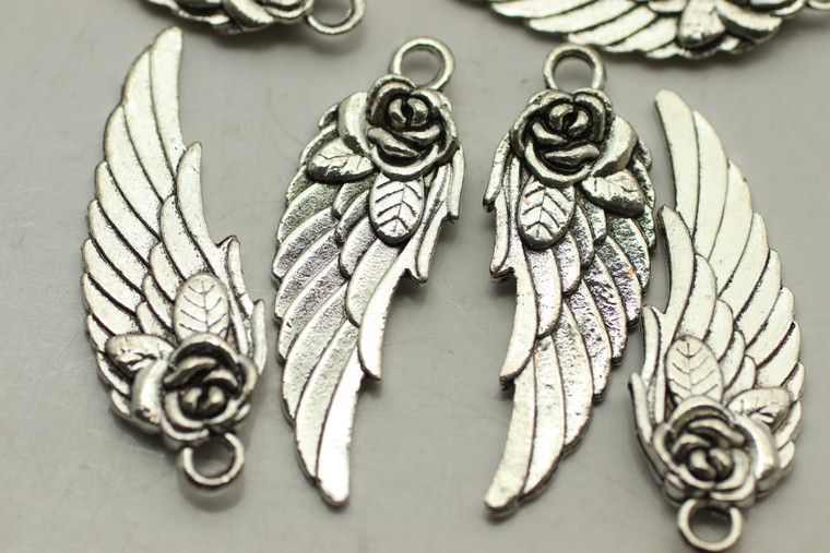 Wing, Rose, Double Sided, 31x11x3mm, Antique Silver Plated Metal Alloy, approx. 12 PCS