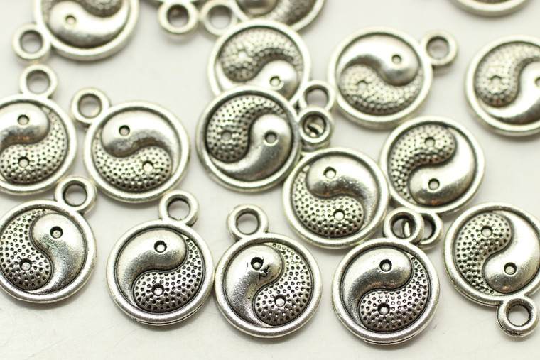 YING YANG, Round, Double Sided, 13x10x2mm, Antique Silver Plated (Metal Alloy), approx 39 per bag