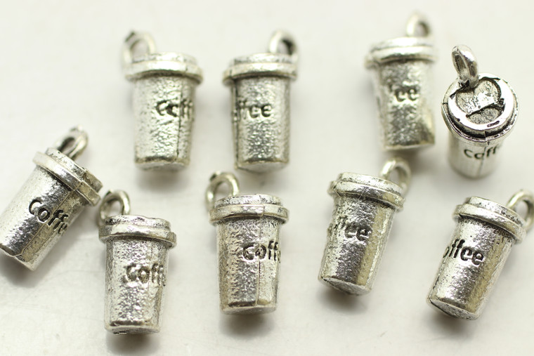 Coffee Cup, Double Sided, 13x5mm, Antique Silver Plated Metal Alloy, approx. 15 PCS