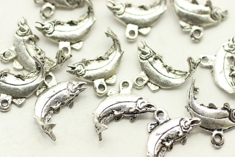 Salmon, Double Sided, 12x10mm, Antique Silver Plated (Metal Alloy), approx 32 per bag