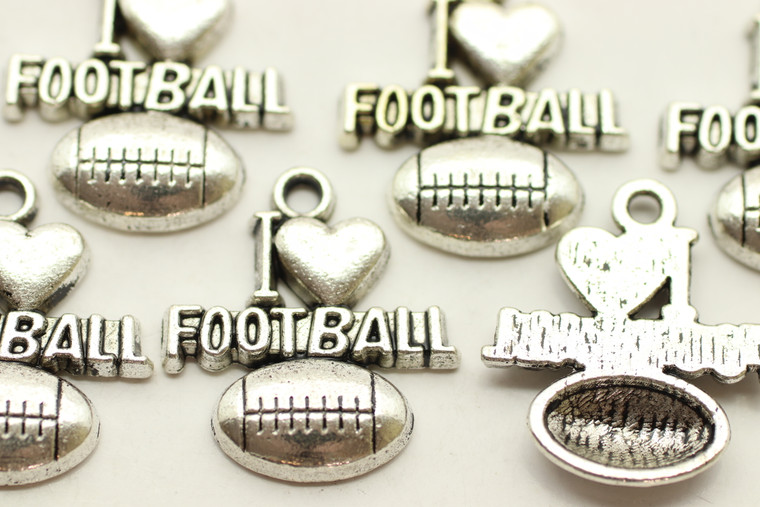 "I Heart Football" on top of Football, 20x18x3mm, Antique Silver Plated (Metal Alloy), approx 12 per bag
