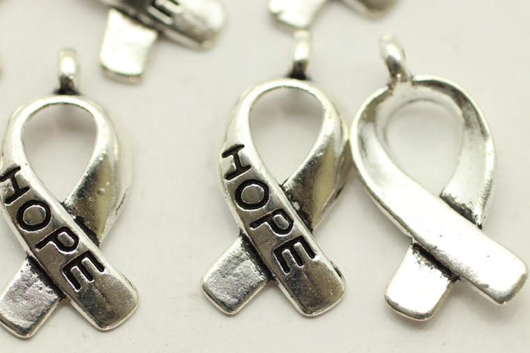 Breast Cancer Ribbon, "Hope" on one side, 17x8.5x2mm, Antique Silver Plated (Metal Alloy), approx 30 per bag