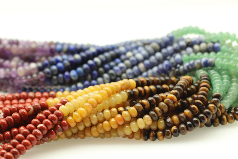 Chakra, Mixed Stone,  Natural &  Heated, Smooth Rondelle, 6x4mm Strand