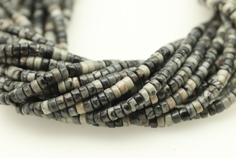 Black Silk Web Jasper, Natural, Heishi, 4x2mm, One Strand