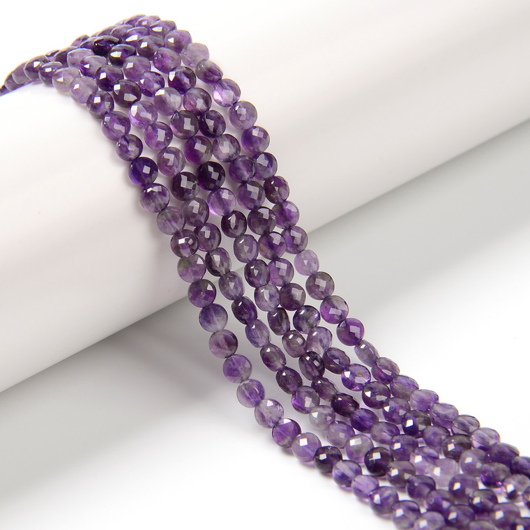 Amethyst, Natural, Faceted Coin, One 4mm Strand