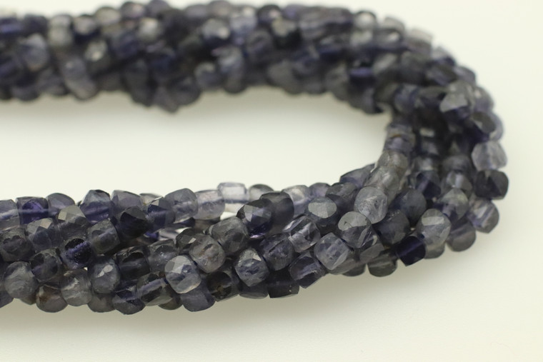 Iolite, Natural, Faceted Cube, 4mm, One Strand