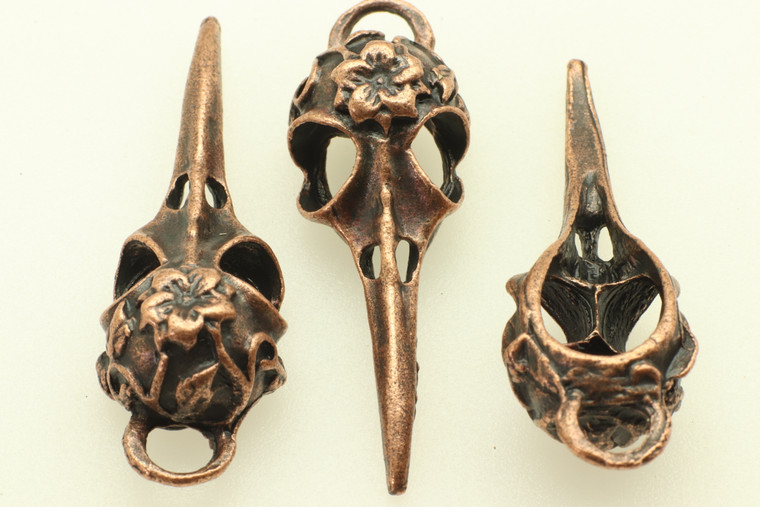 Floral Bird Skull, Double Sided, 41x13x11mm, Antique Copper Plated (Metal Alloy), approx 3 per bag