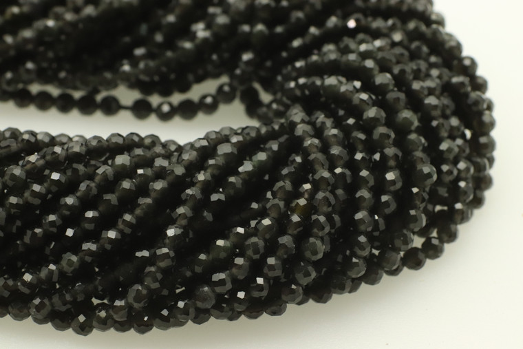 Obsidian, Black, Natural, Faceted Round, 3mm, One Strand