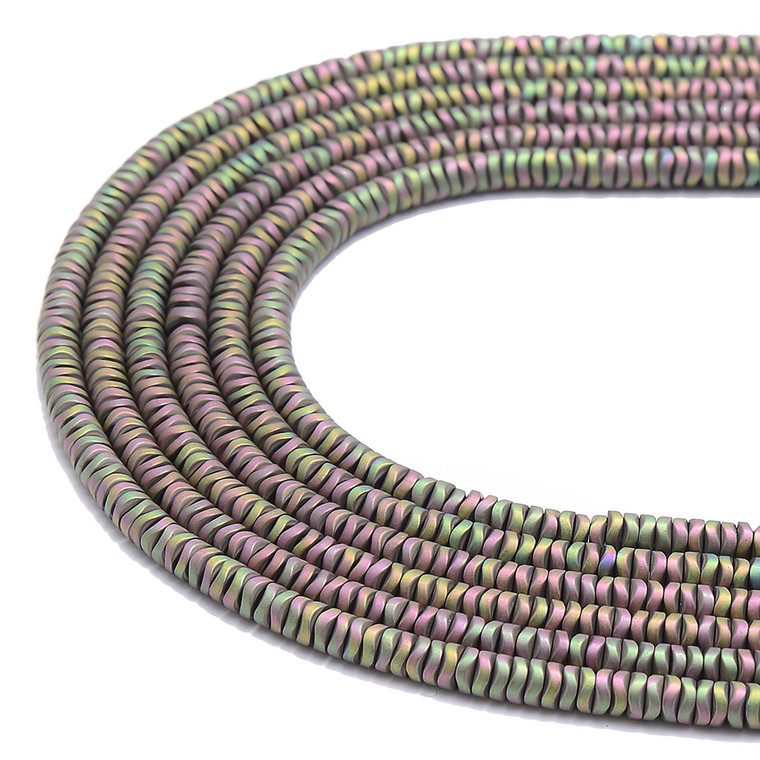 Pink Rainbow, Matte, Hematite, Wavy Spacer, Manmade, One 4x1mm Strand