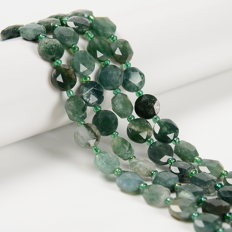 Moss Agate, Natural, Faceted, Hexagon Coin, One 10mm Strand
