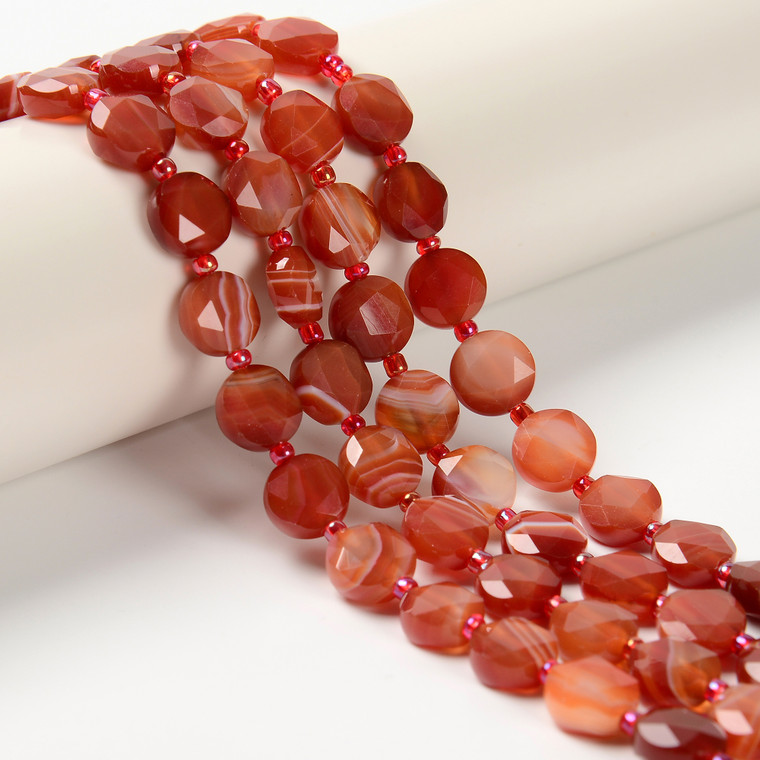 Red Stripe Agate, Natural, Faceted, Hexagon Coin, One 10mm Strand